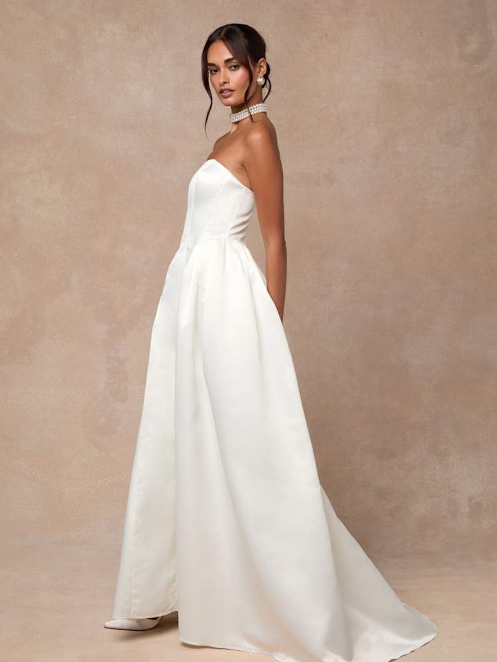 NWT Lulus Bennett White Satin Strapless A-Line Maxi Wedding Dress